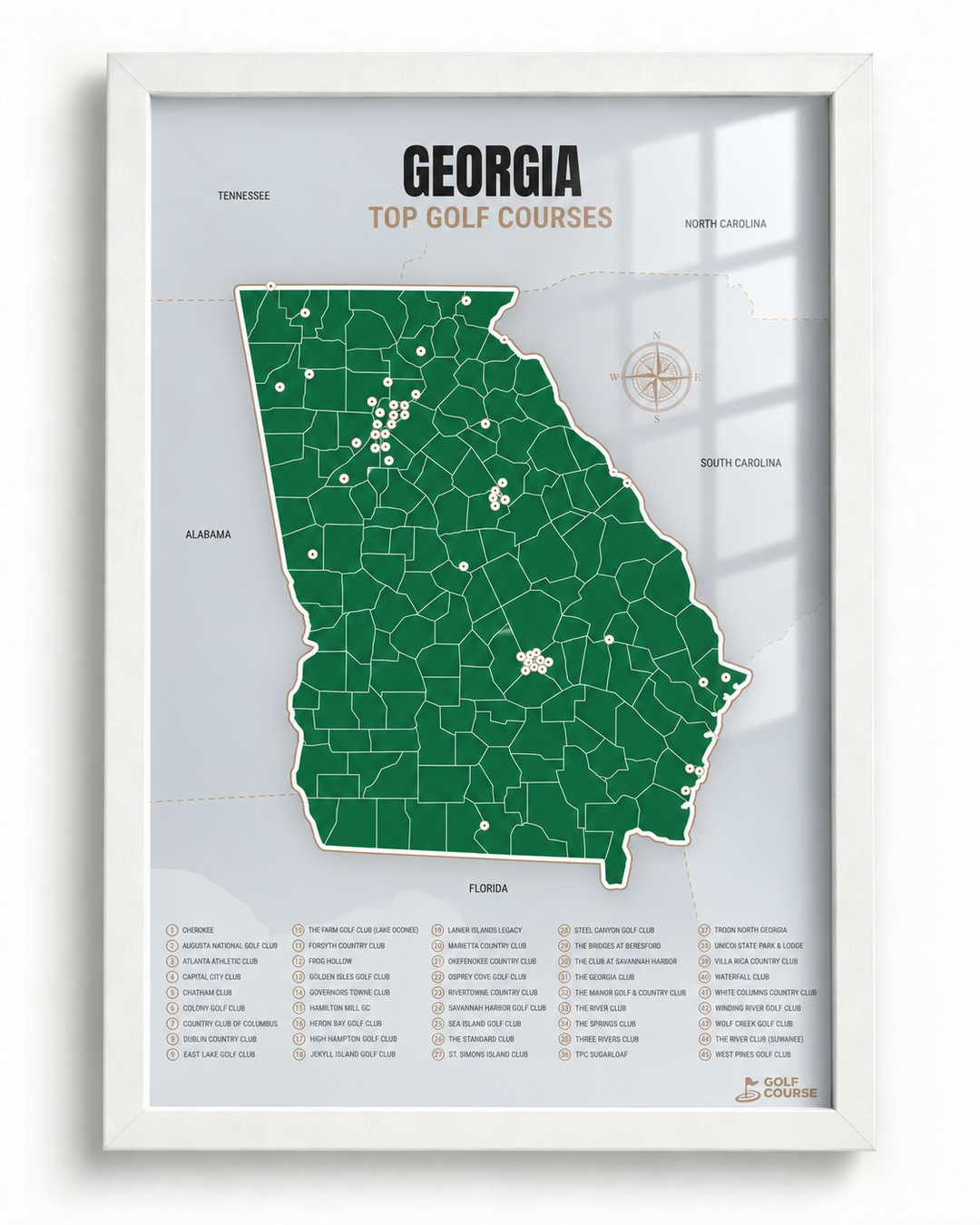 Georgia golf courses map in Green - White Framed
