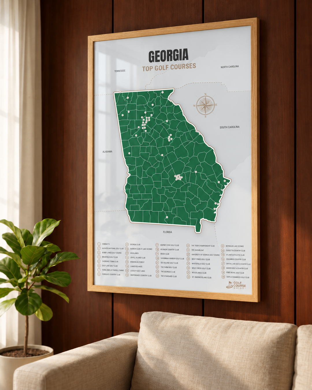 Georgia golf courses map in Green - Wooden Framed