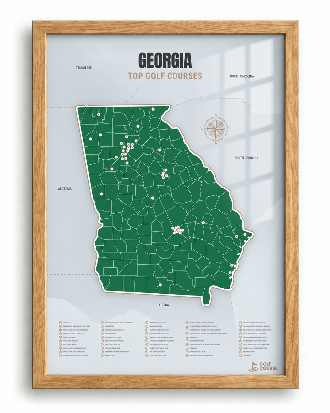 Georgia golf courses map in Green - Wooden Framed