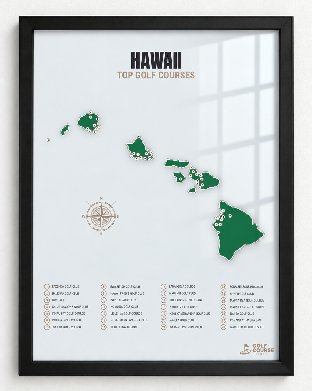 Hawaii golf courses map in Green - Black Framed