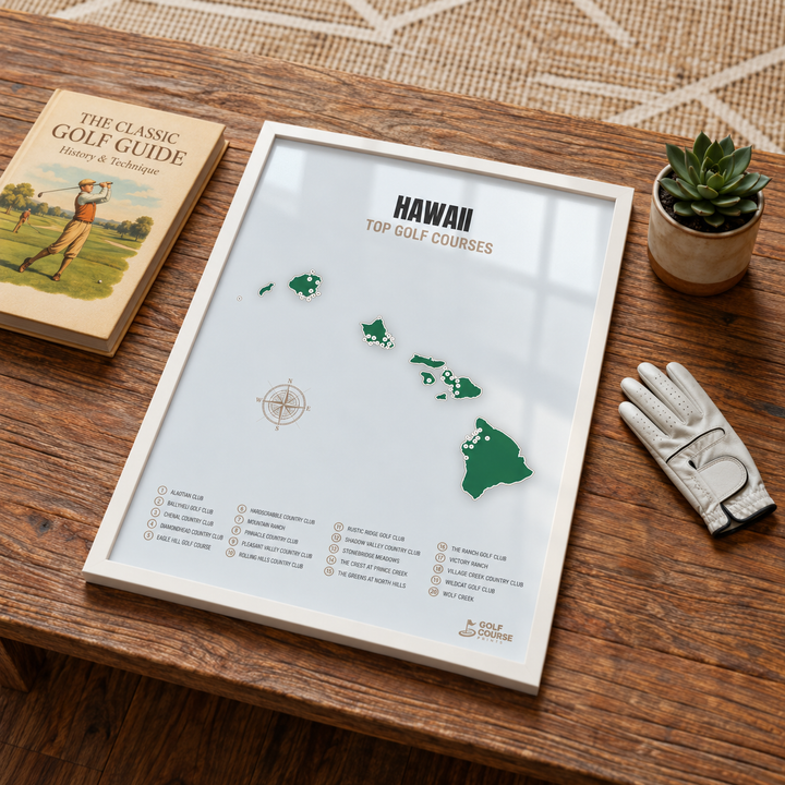 Hawaii golf courses map in Green - White Framed