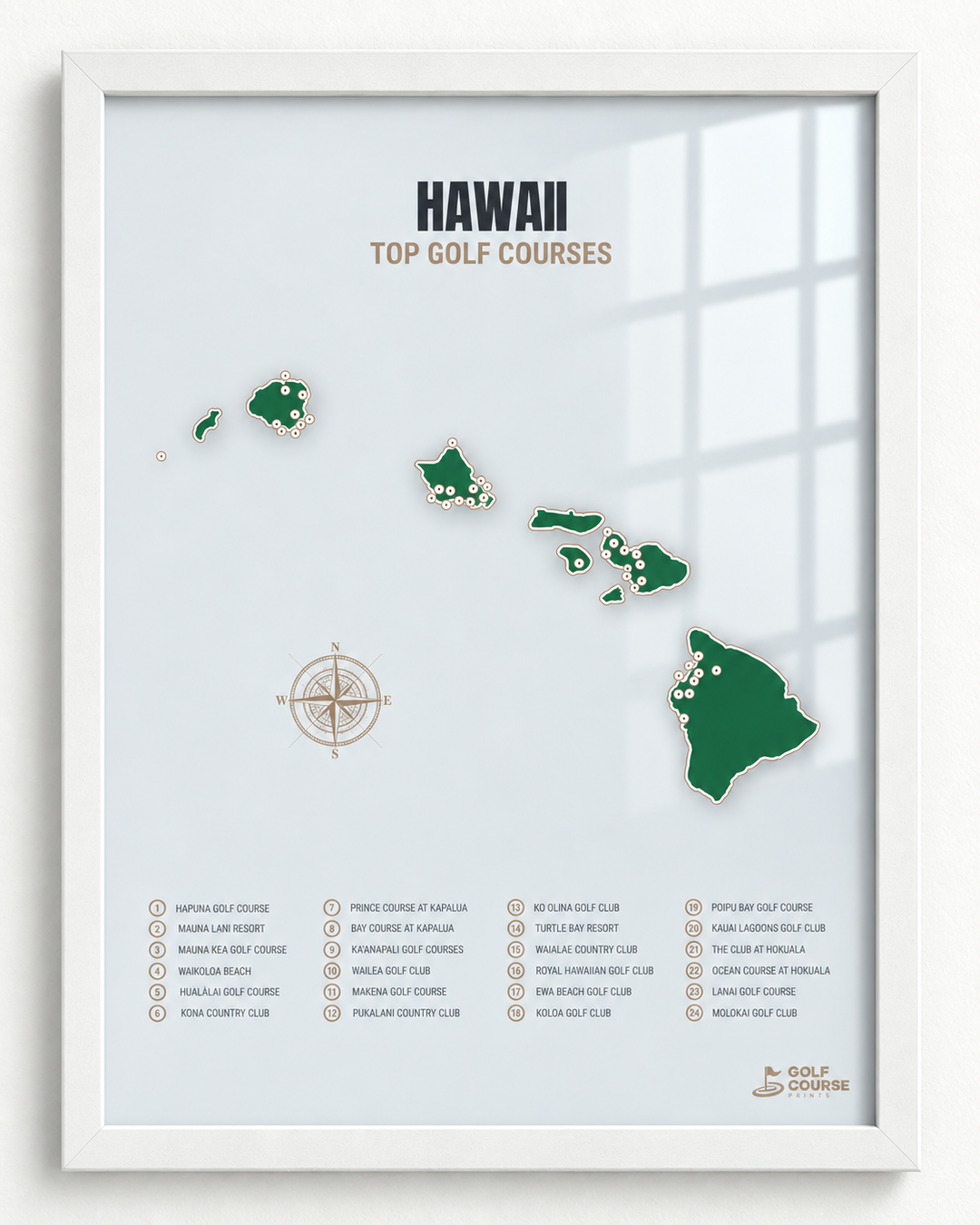 Hawaii golf courses map in Green - White Framed