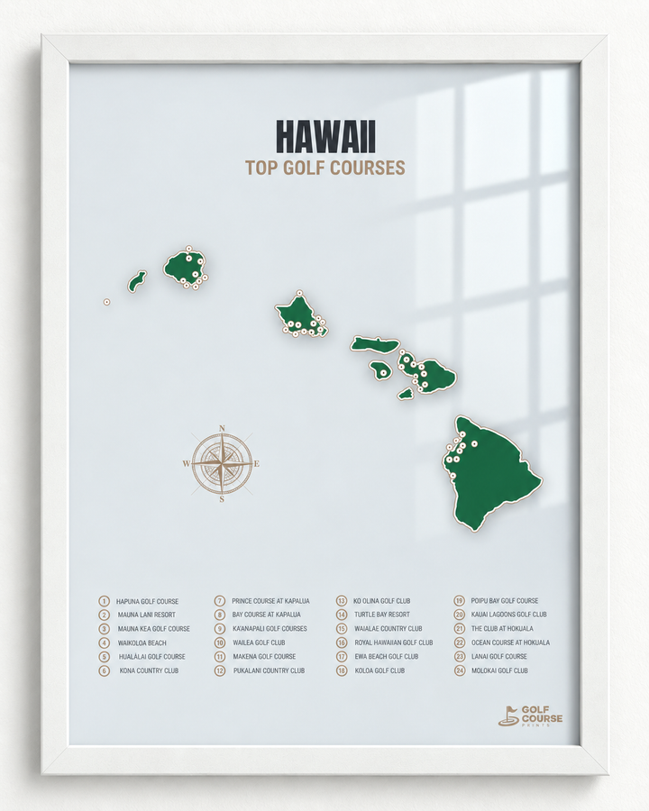 Hawaii golf courses map in Green - White Framed