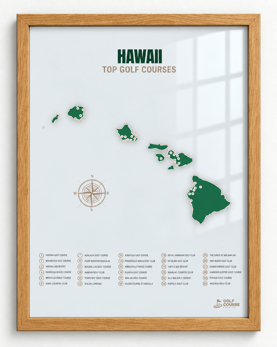 Hawaii golf courses map in Green - Wooden Framed
