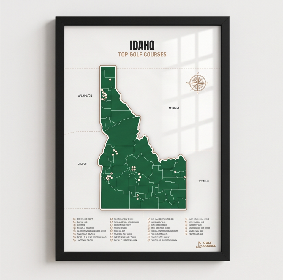 Idaho golf courses map in Green - Black Framed