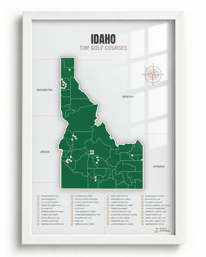 Idaho golf courses map in Green - White Framed