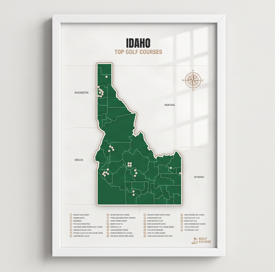 Idaho golf courses map in Green - White Framed