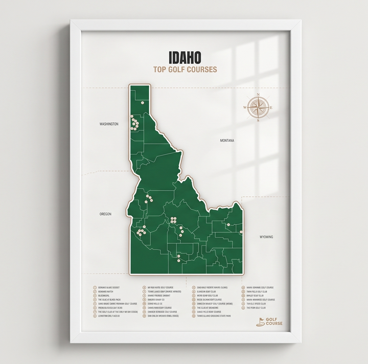 Idaho golf courses map in Green - White Framed