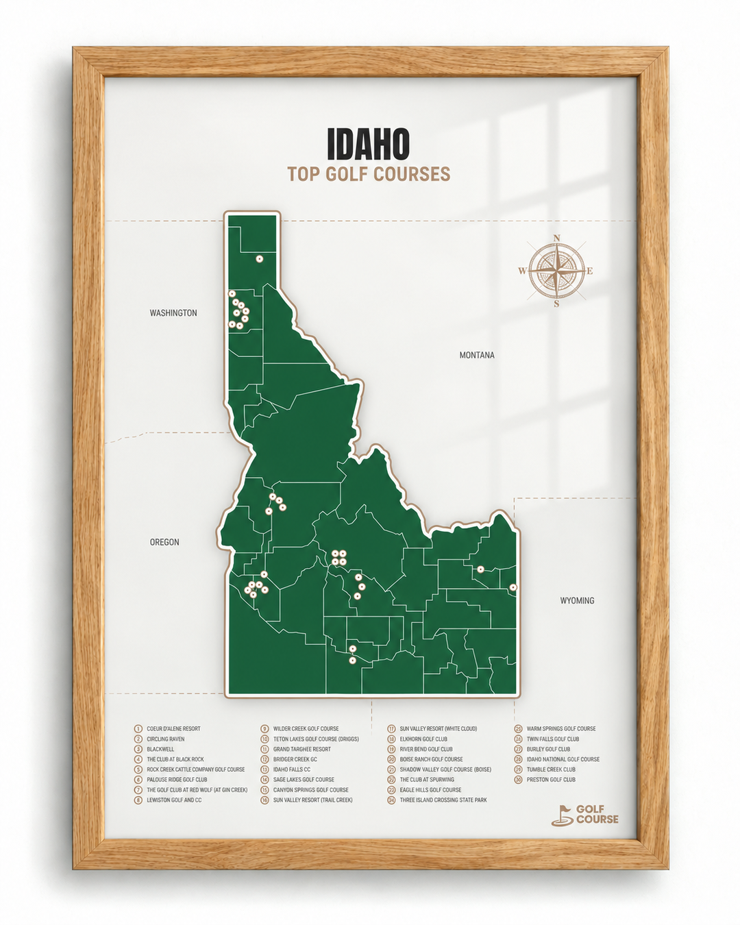 Idaho golf courses map in Green - Wooden Framed