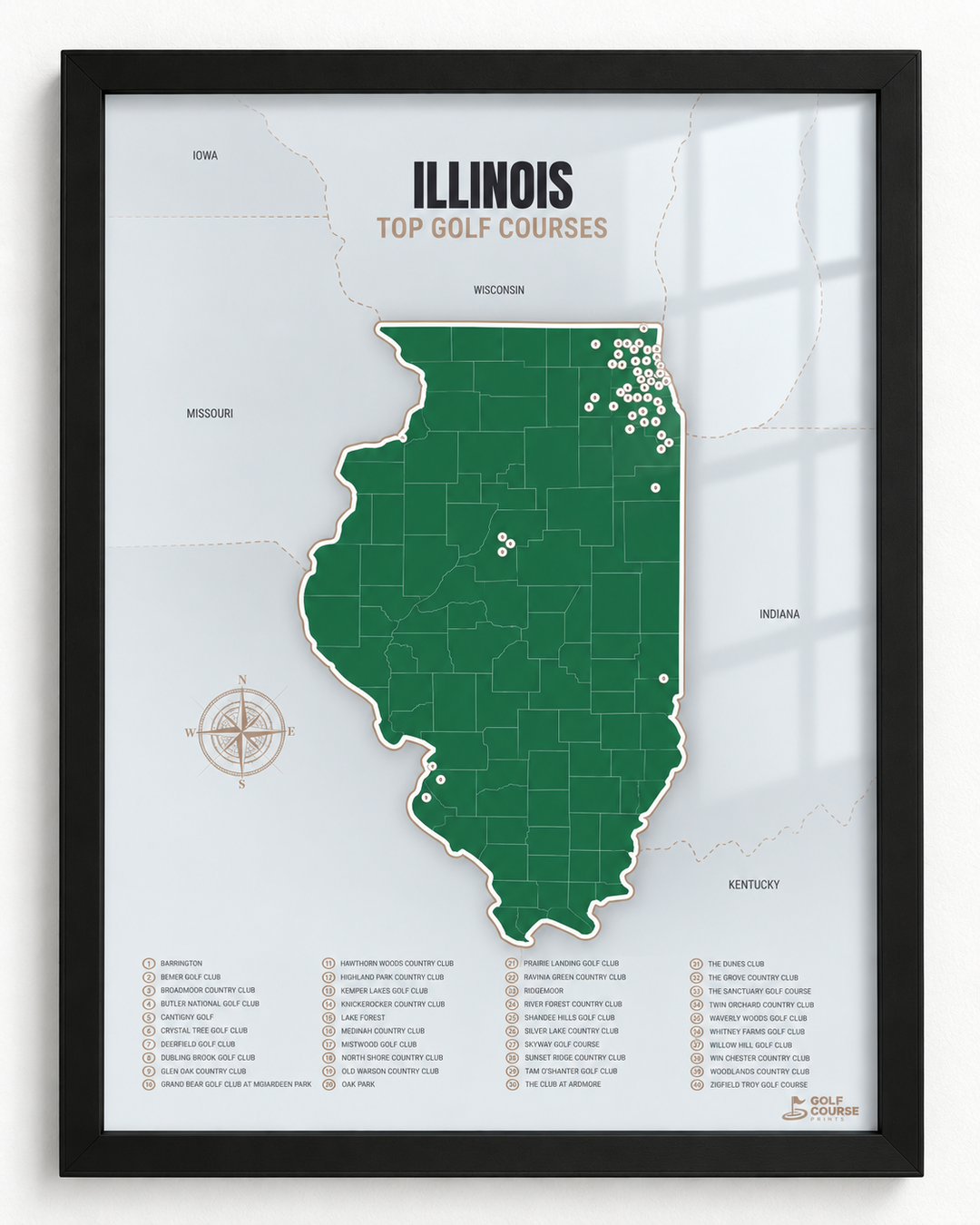 Illinois golf courses map in Green - Black Framed