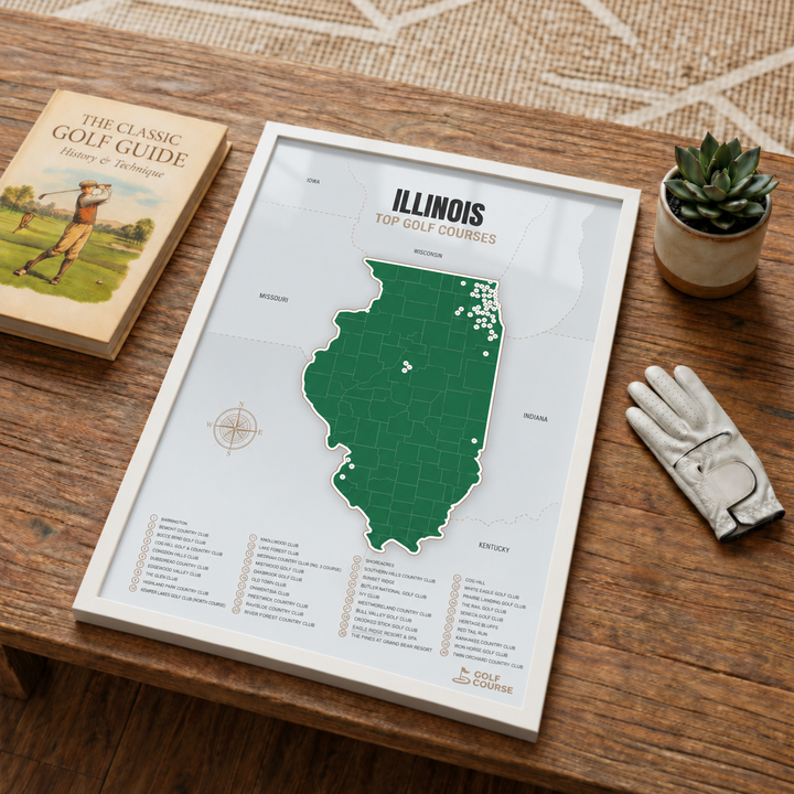 Illinois golf courses map in Green - White Framed
