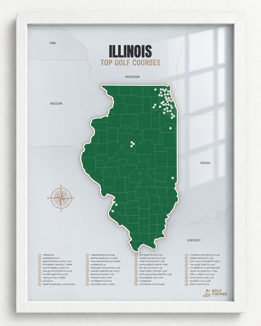 Illinois golf courses map in Green - White Framed