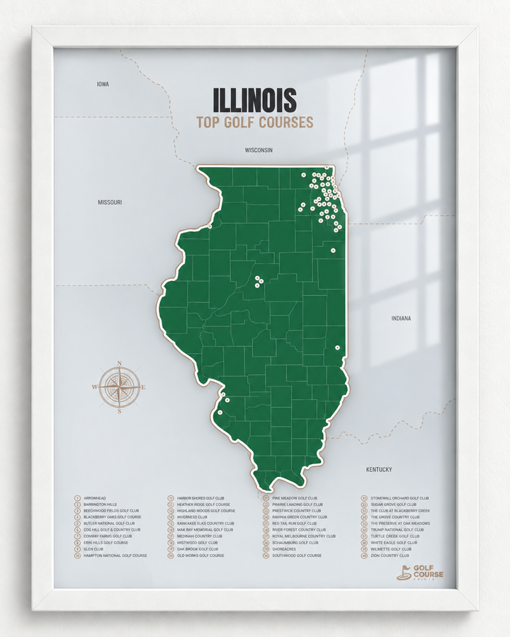 Illinois golf courses map in Green - White Framed