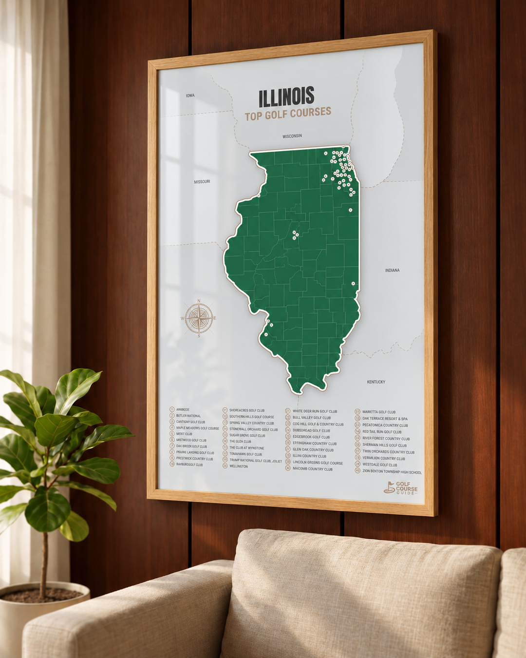 Illinois golf courses map in Green - Wooden Framed