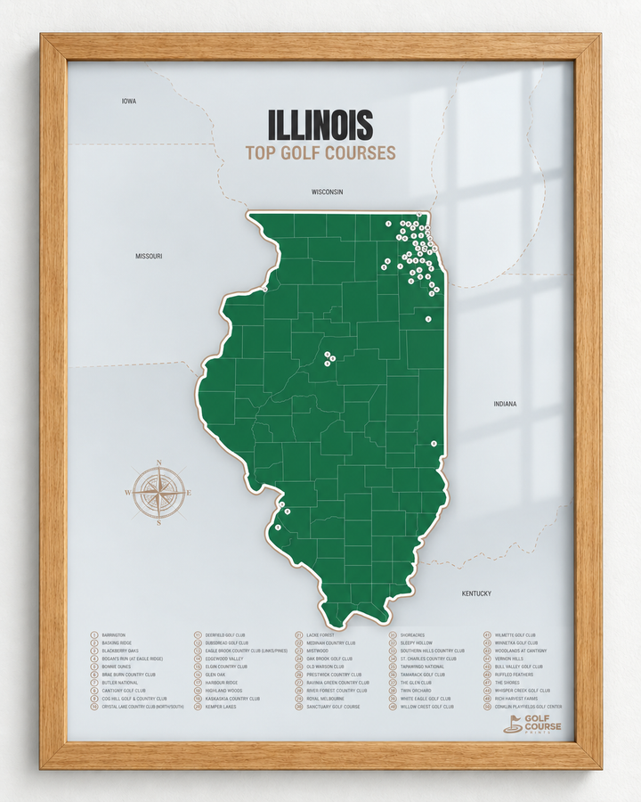 Illinois golf courses map in Green - Wooden Framed