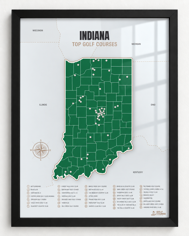 Indiana golf courses map in Green - Black Framed