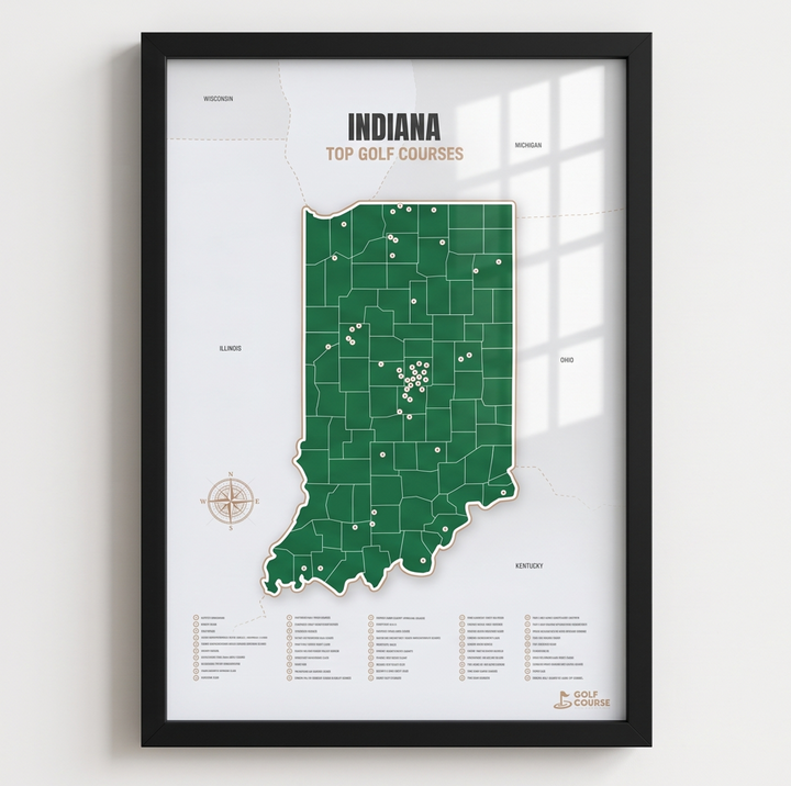 Indiana golf courses map in Green - Black Framed