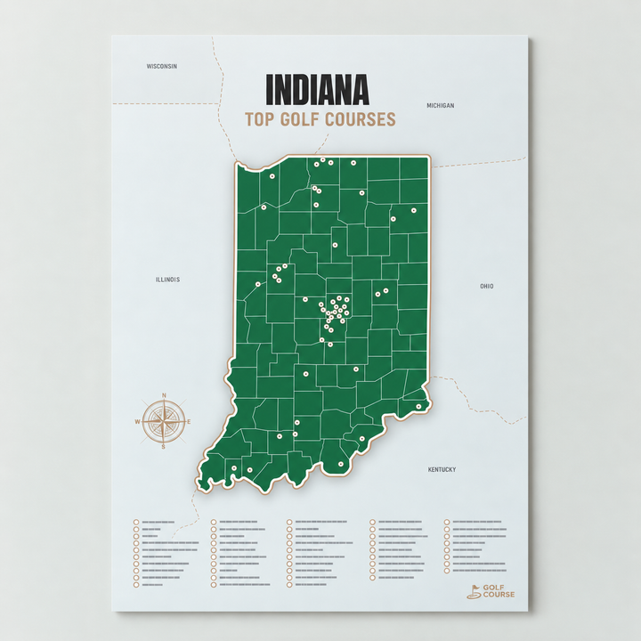 Indiana golf courses map in Green - Unframed