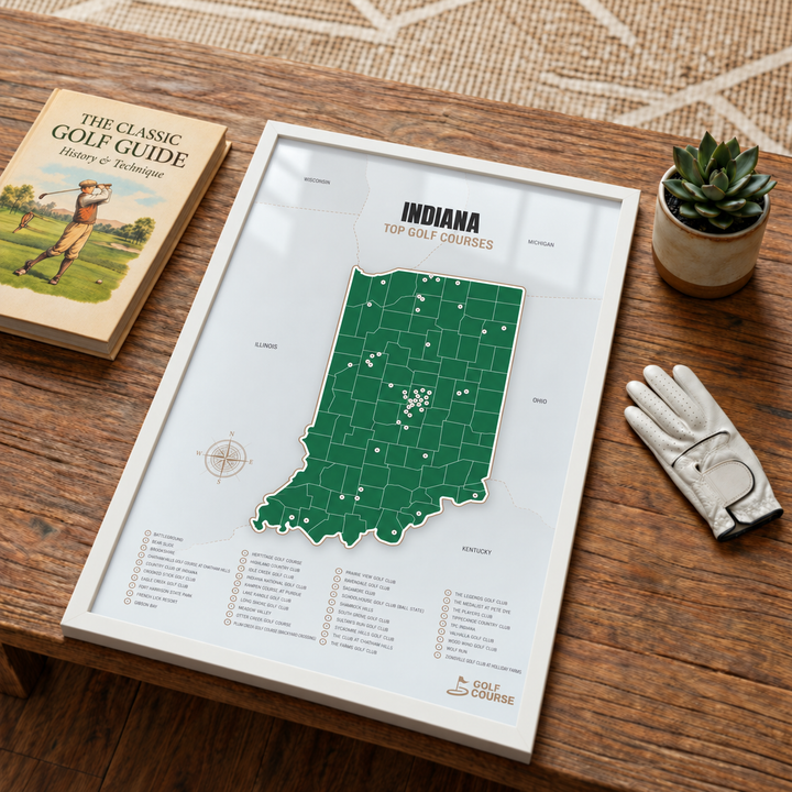 Indiana golf courses map in Green - White Framed
