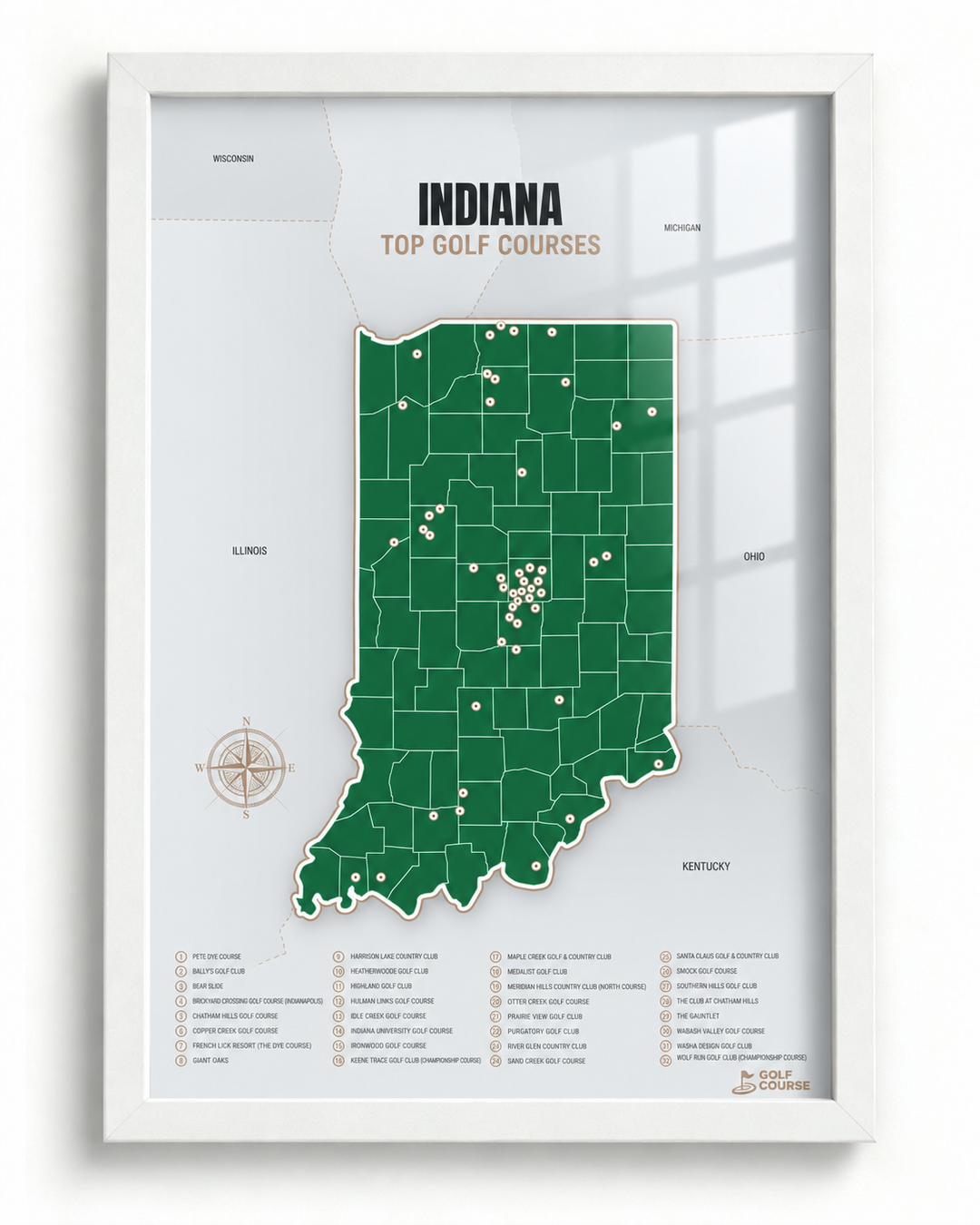 Indiana golf courses map in Green - White Framed