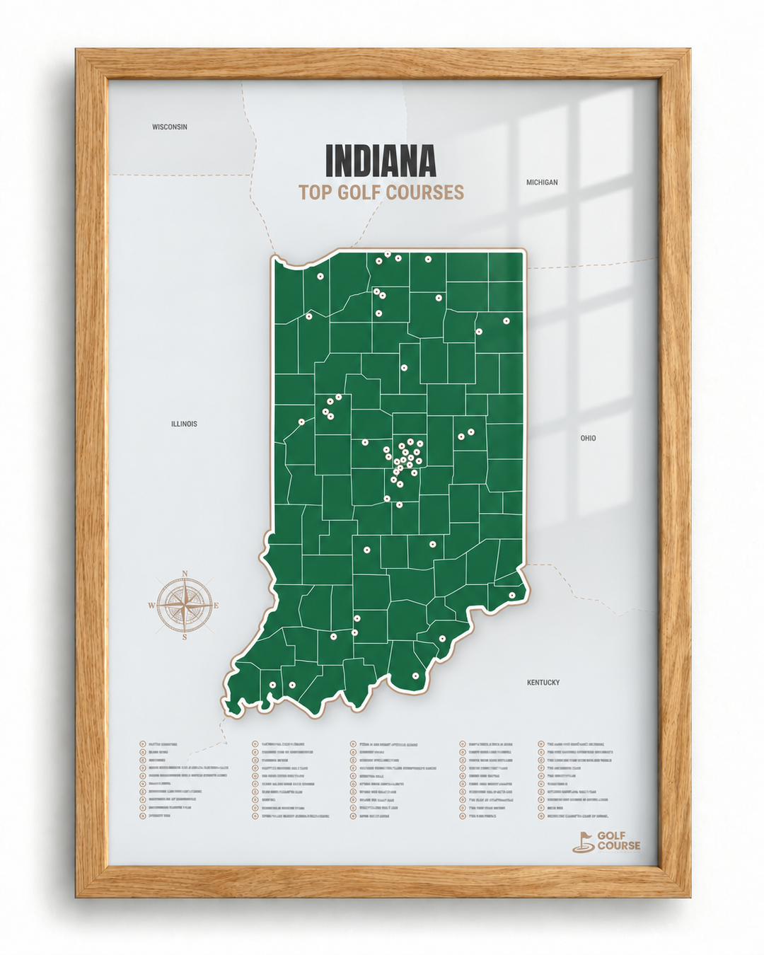 Indiana golf courses map in Green - Wooden Framed