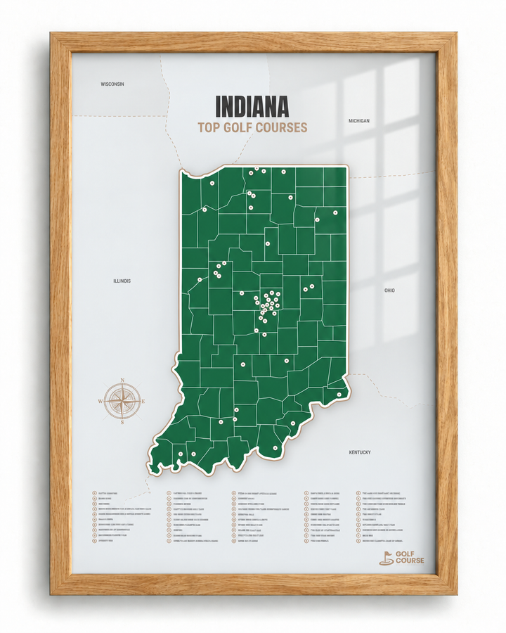 Indiana golf courses map in Green - Wooden Framed
