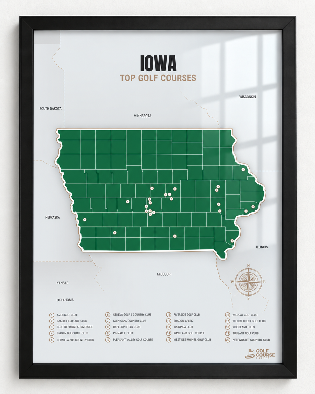 Iowa golf courses map in Green - Black Framed