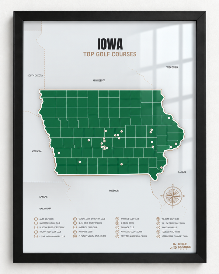 Iowa golf courses map in Green - Black Framed