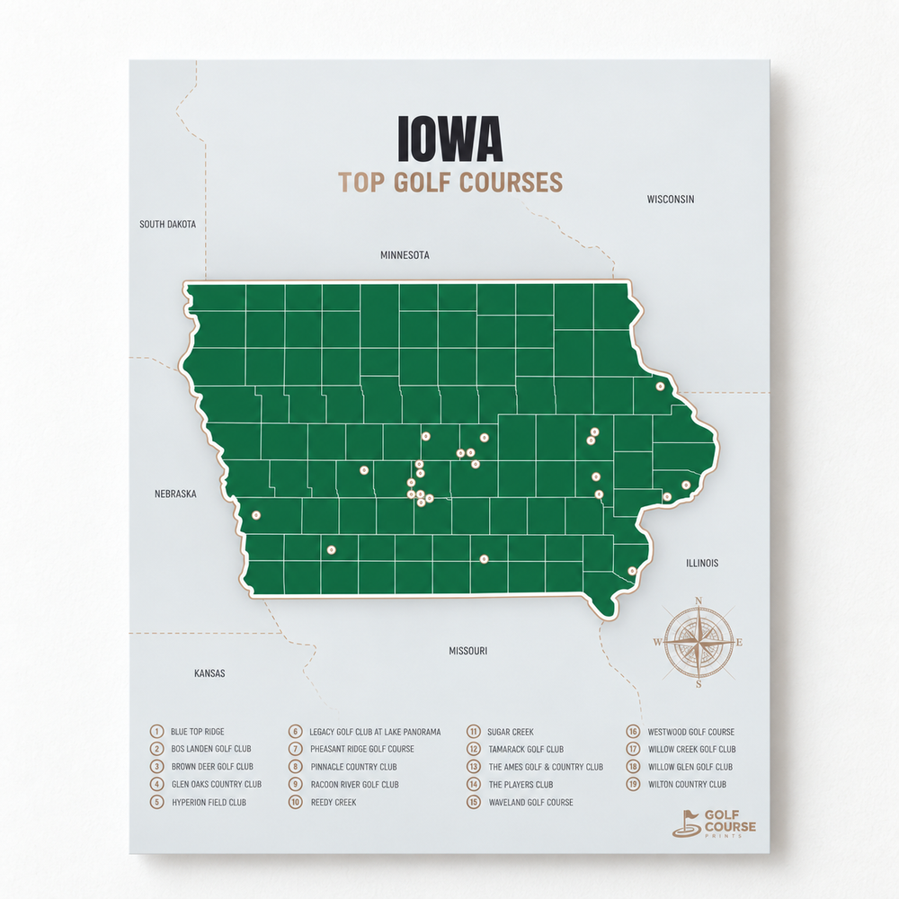 Iowa golf courses map in Green - Unframed