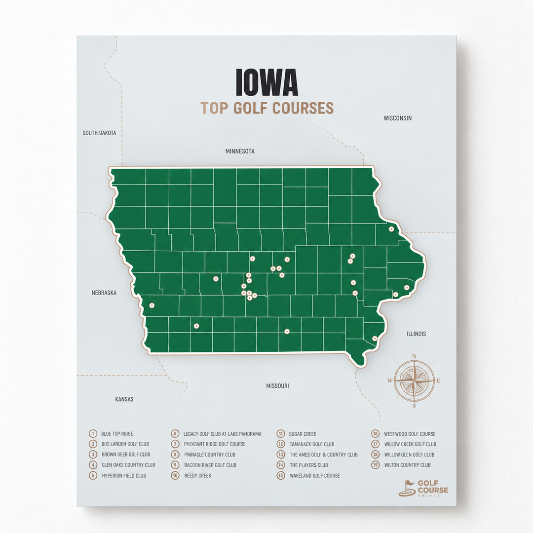 Iowa golf courses map in Green - Unframed