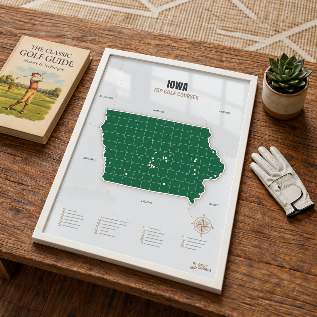Iowa golf courses map in Green - White Framed