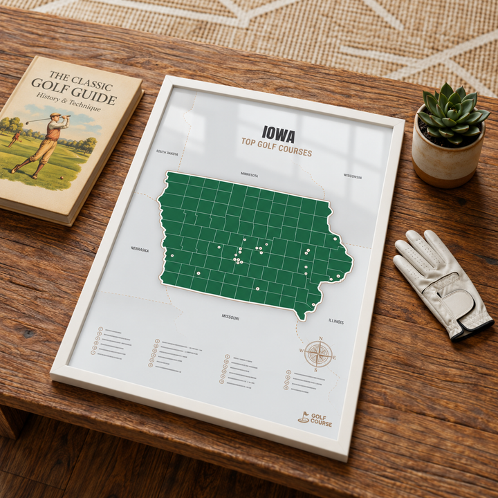 Iowa golf courses map in Green - White Framed