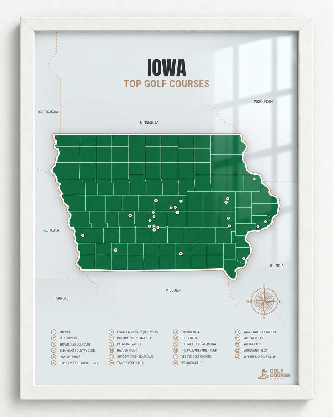 Iowa golf courses map in Green - White Framed