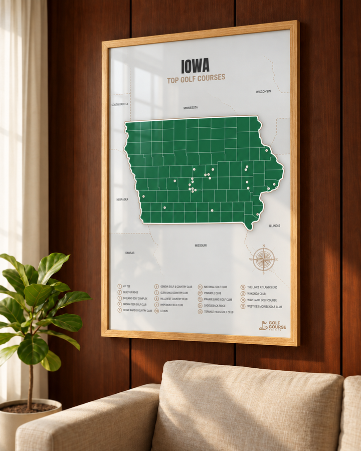 Iowa golf courses map in Green - Wooden Framed