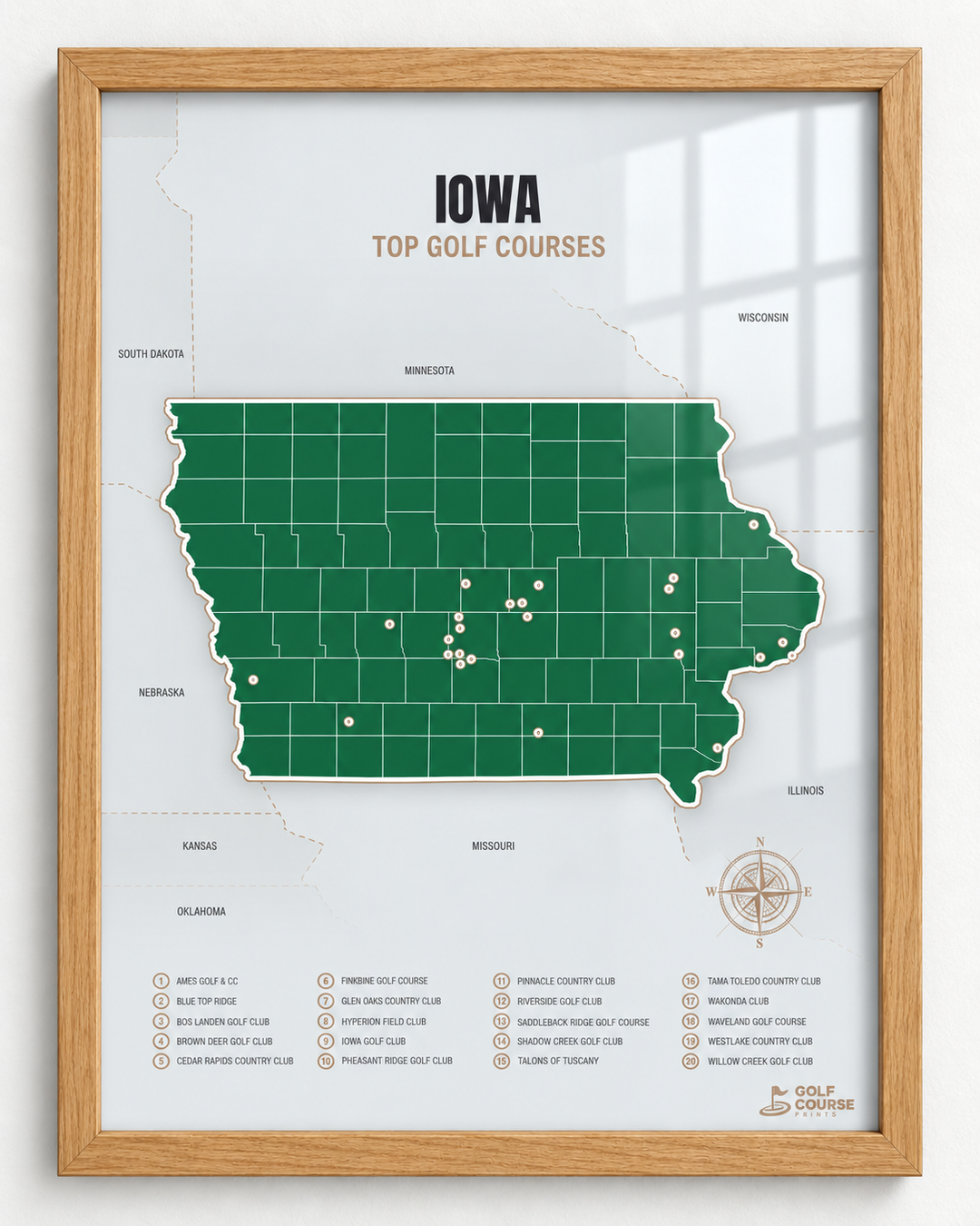 Iowa golf courses map in Green - Wooden Framed