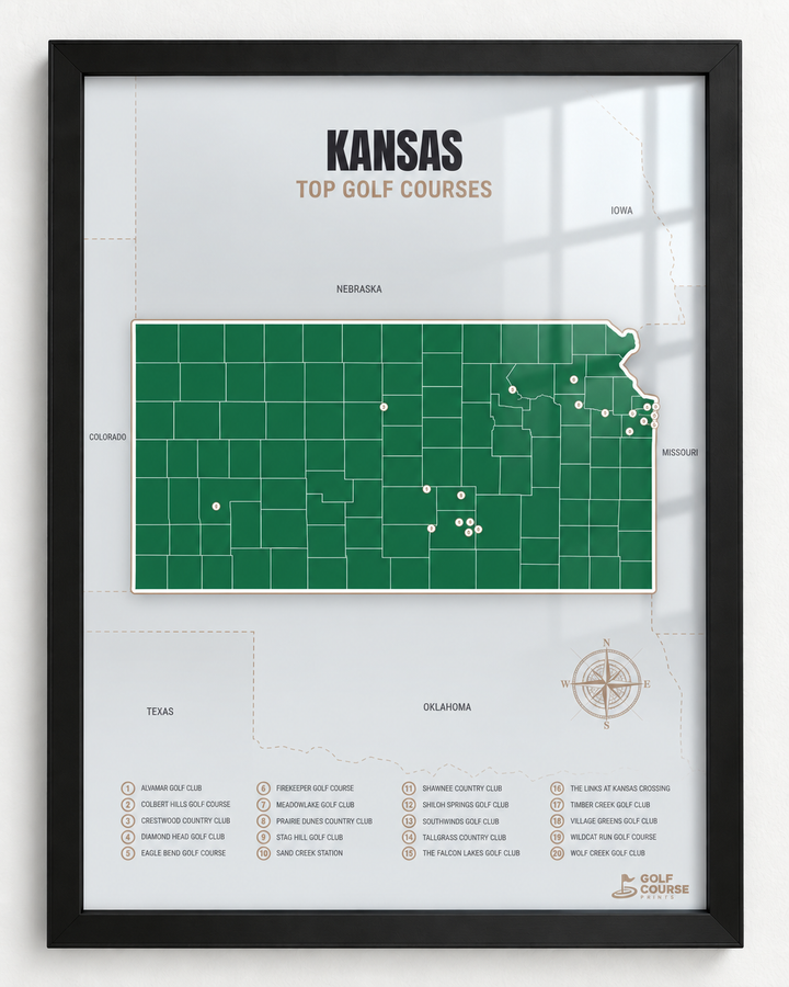 Kansas golf courses map in Green - Black Framed