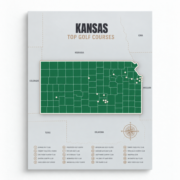 Kansas golf courses map in Green - Unframed