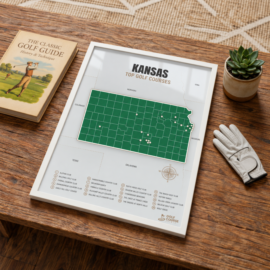 Kansas golf courses map in Green - White Framed