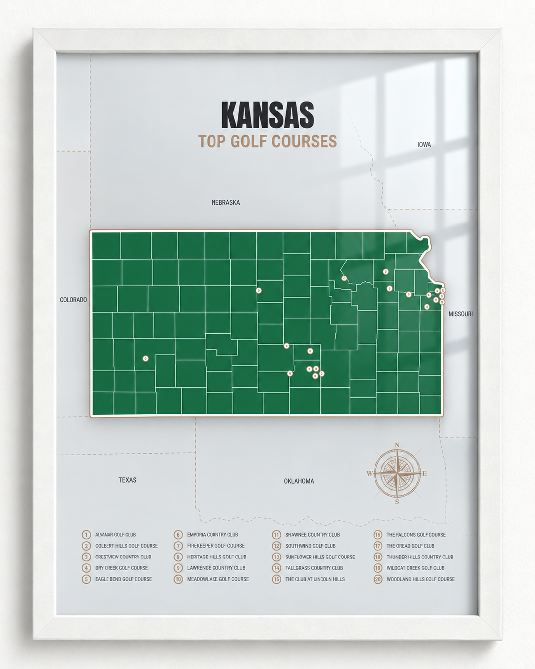 Kansas golf courses map in Green - White Framed
