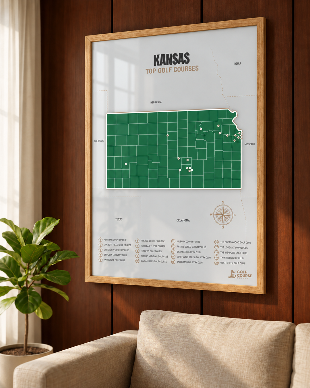 Kansas golf courses map in Green - Wooden Framed