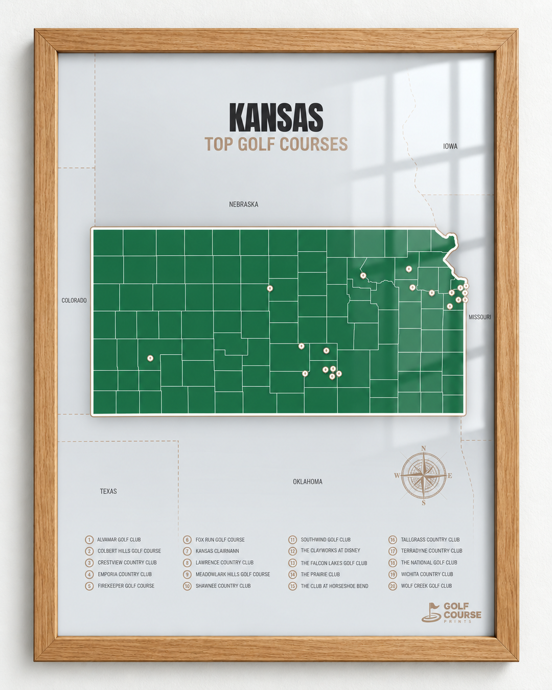 Kansas golf courses map in Green - Wooden Framed