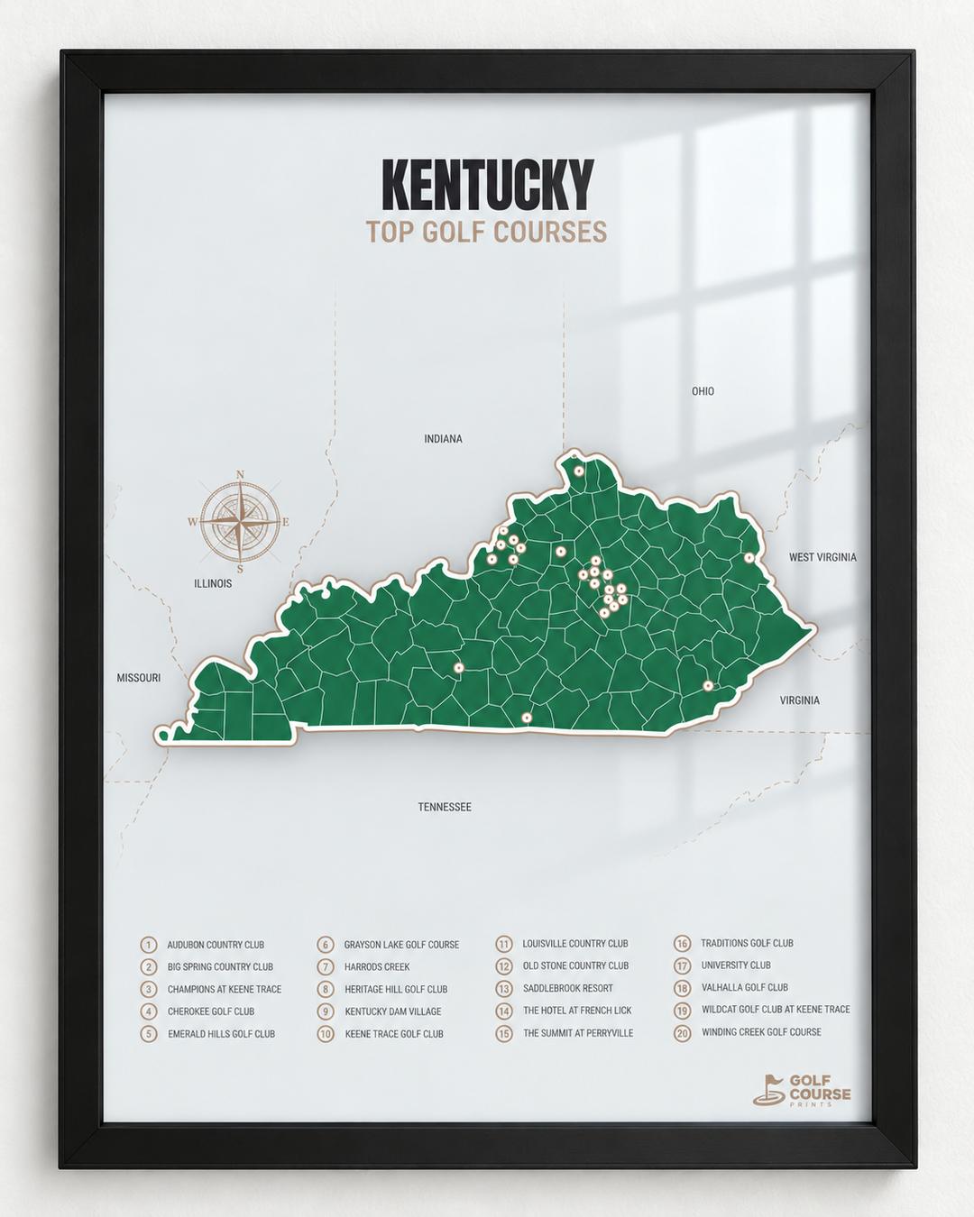 Kentucky golf courses map in Green - Black Framed