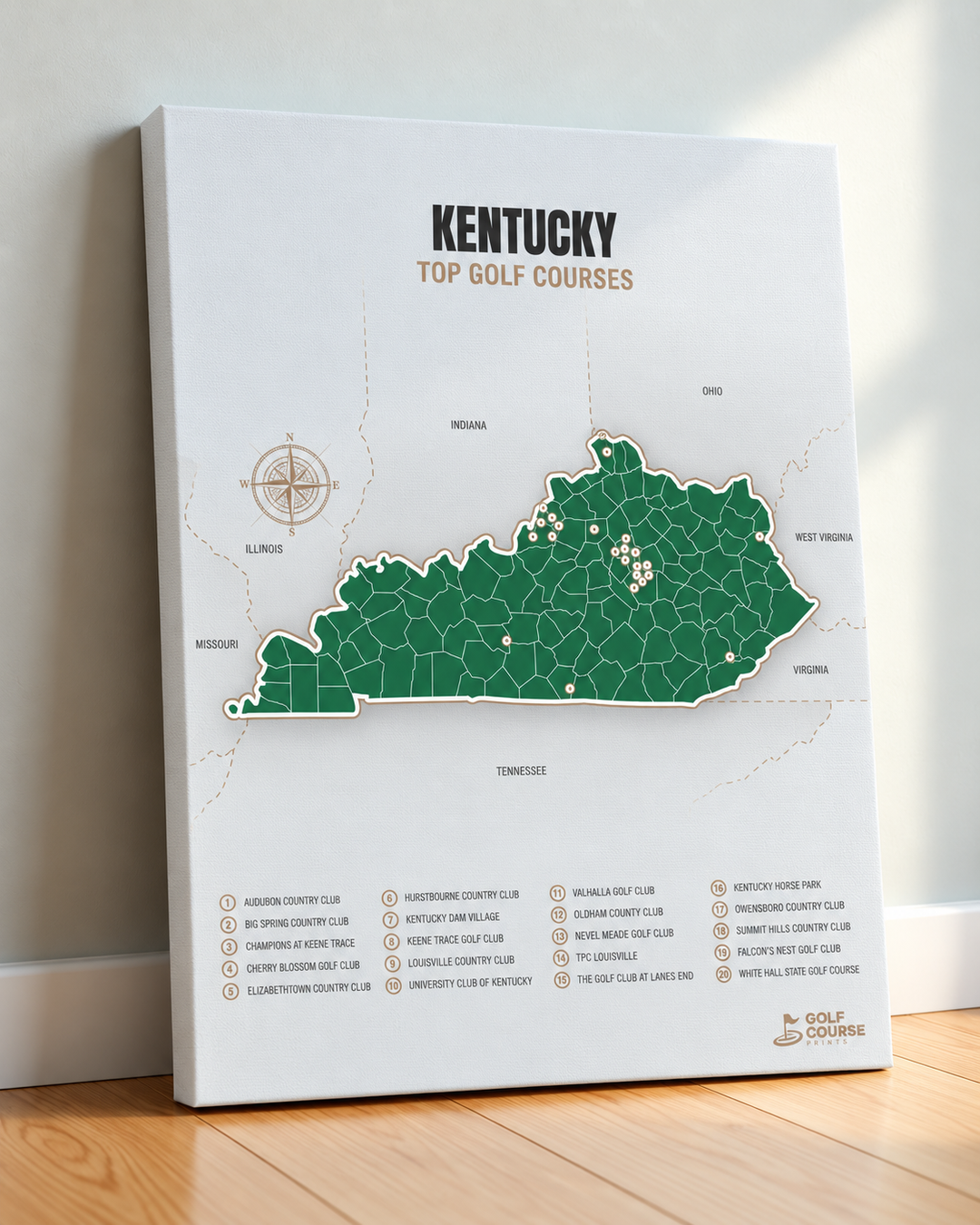 Kentucky golf courses map in Green - Canvas