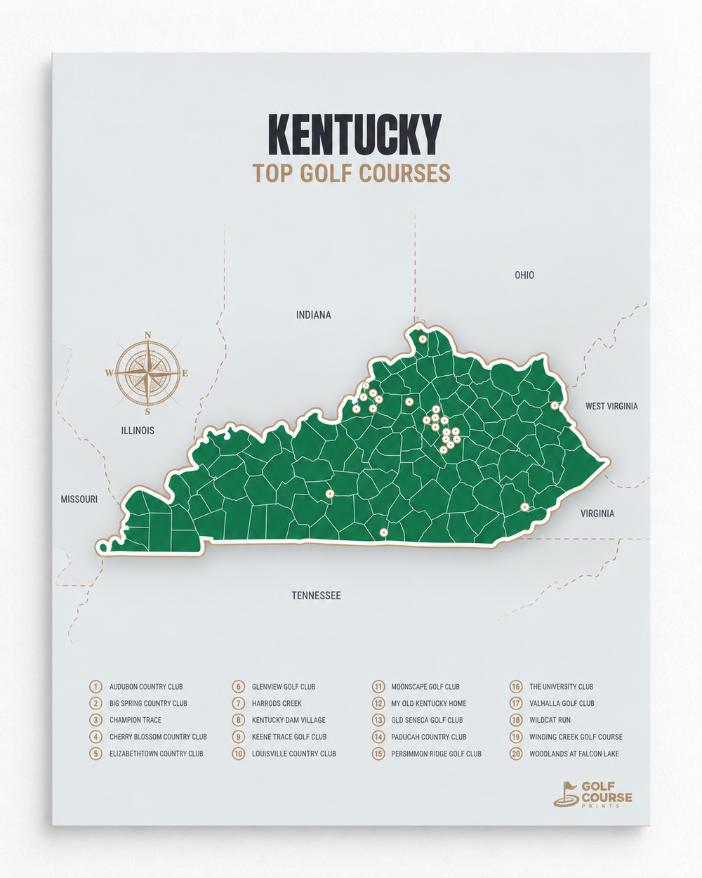 Kentucky golf courses map in Green - Unframed