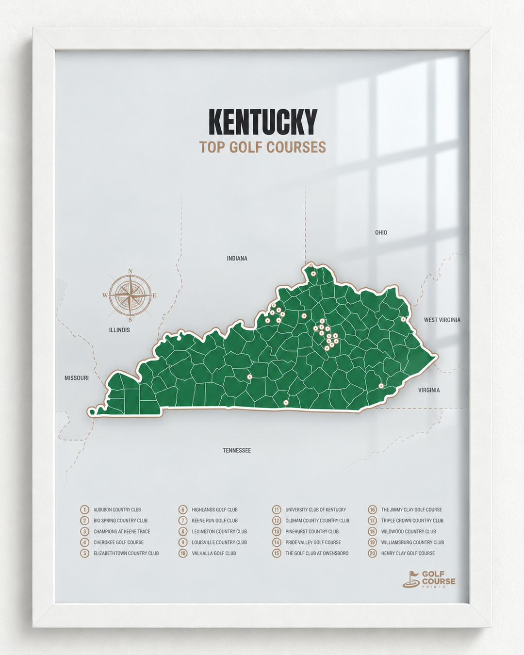 Kentucky golf courses map in Green - White Framed