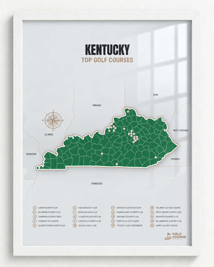 Kentucky golf courses map in Green - White Framed