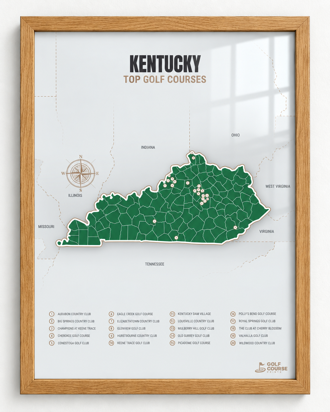 Kentucky golf courses map in Green - Wooden Framed
