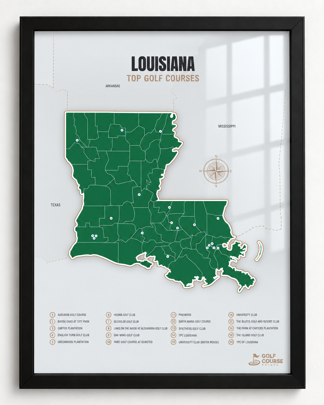 Louisiana golf courses map in Green - Black Framed