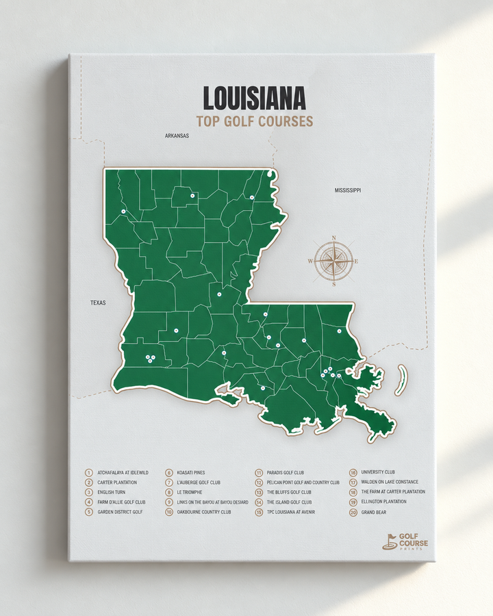 Louisiana golf courses map in Green - Unframed