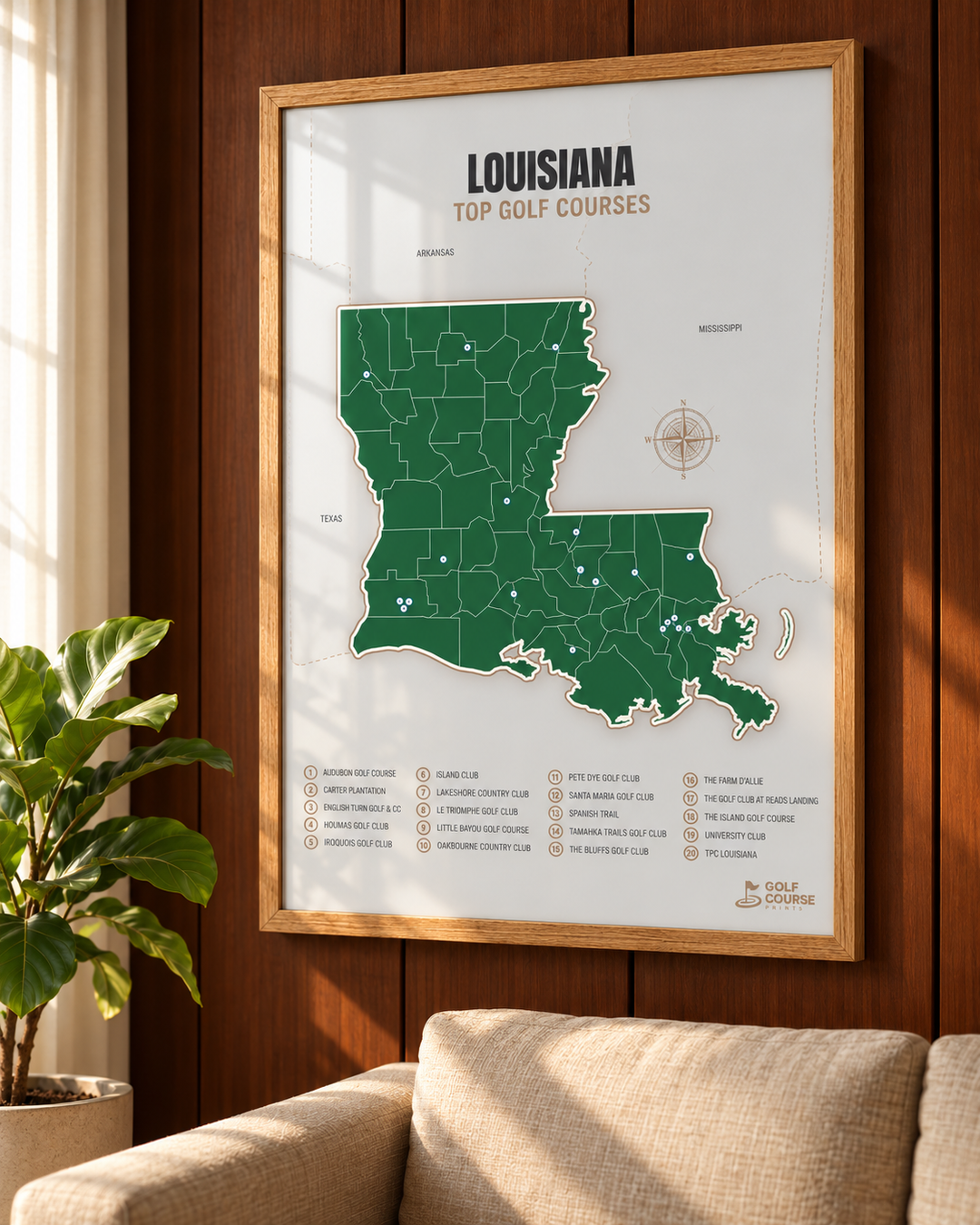 Louisiana golf courses map in Green - Lifestyle Wall